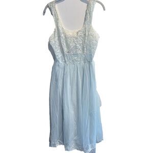 Shadowline ? Vtg Blue Nylon Nightie Night Gown Baby Blue Lace Sleeveless 36 Bust
